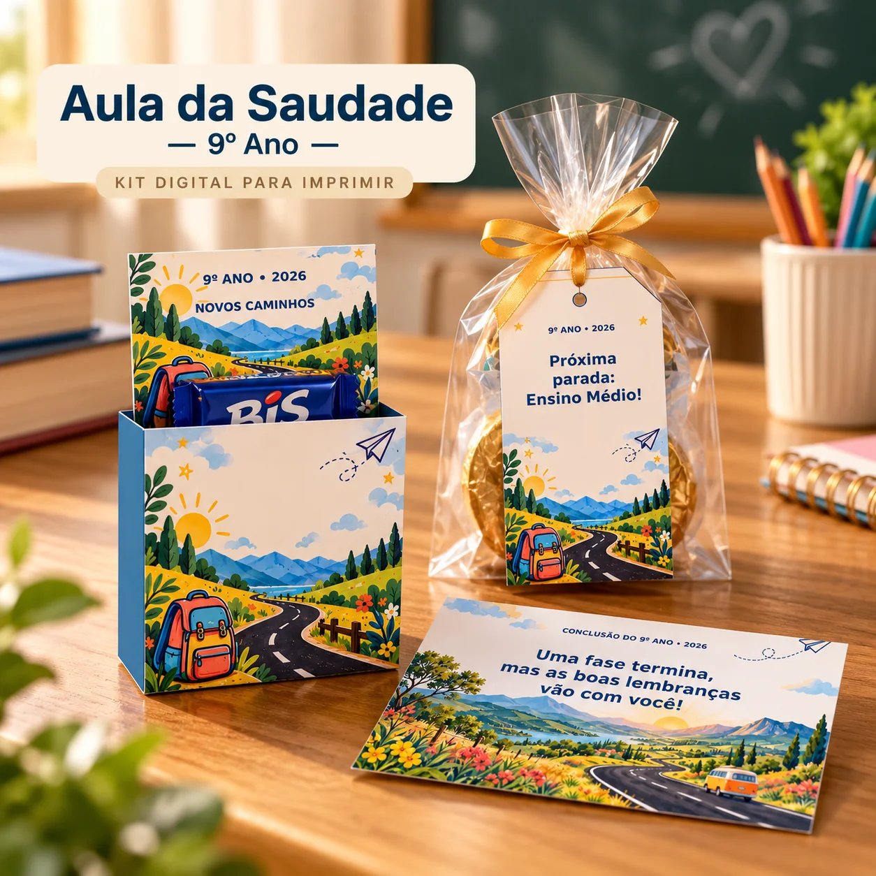 Simulação digital de Aula da Saudade — 9º Ano: lembrancinhas ambientadas sobre uma mesa. Objetos físicos ilustrativos não incluídos.