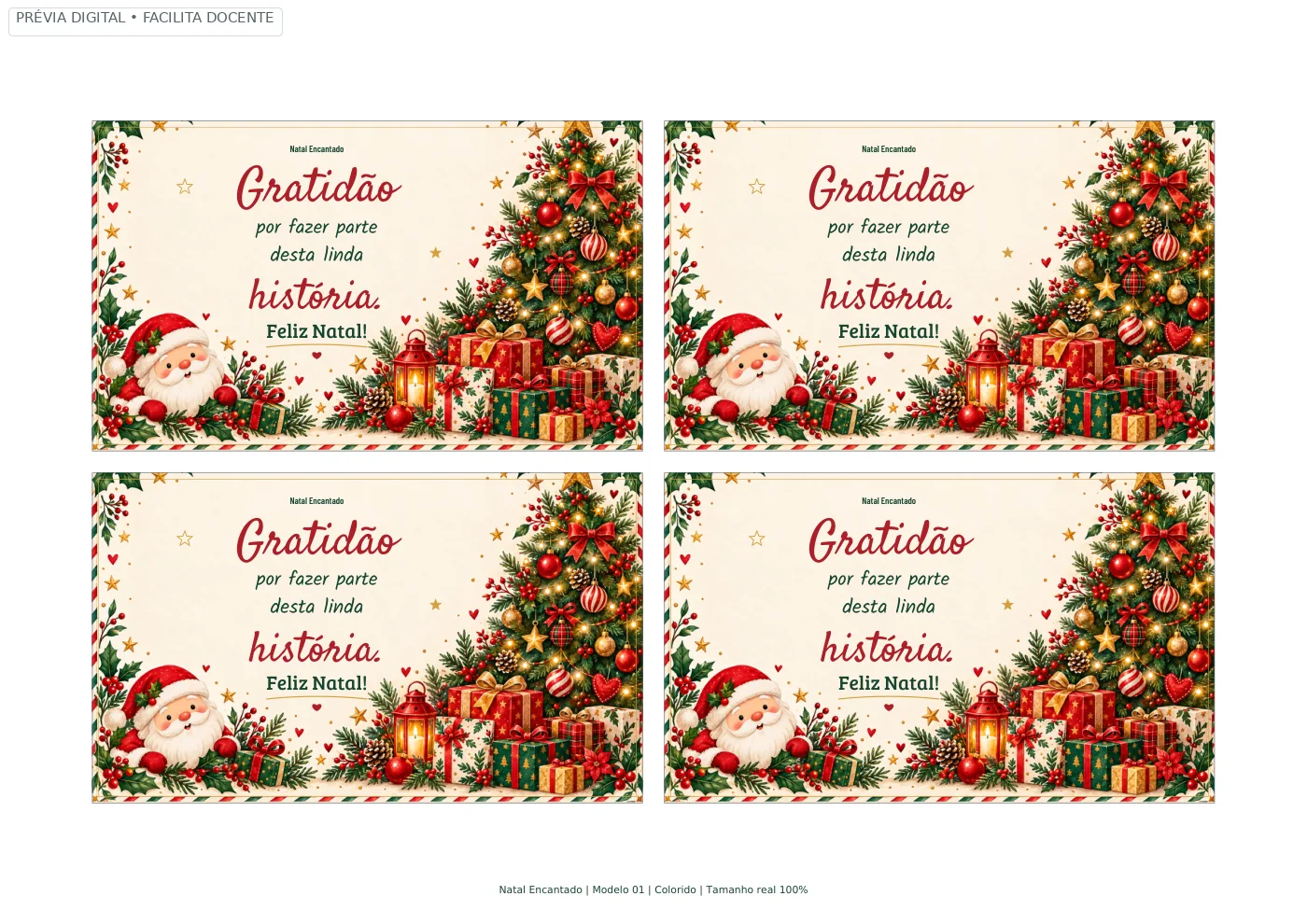 Prévia real da primeira folha A4 de cartões de mensagem do kit Natal Encantado, versão colorida.