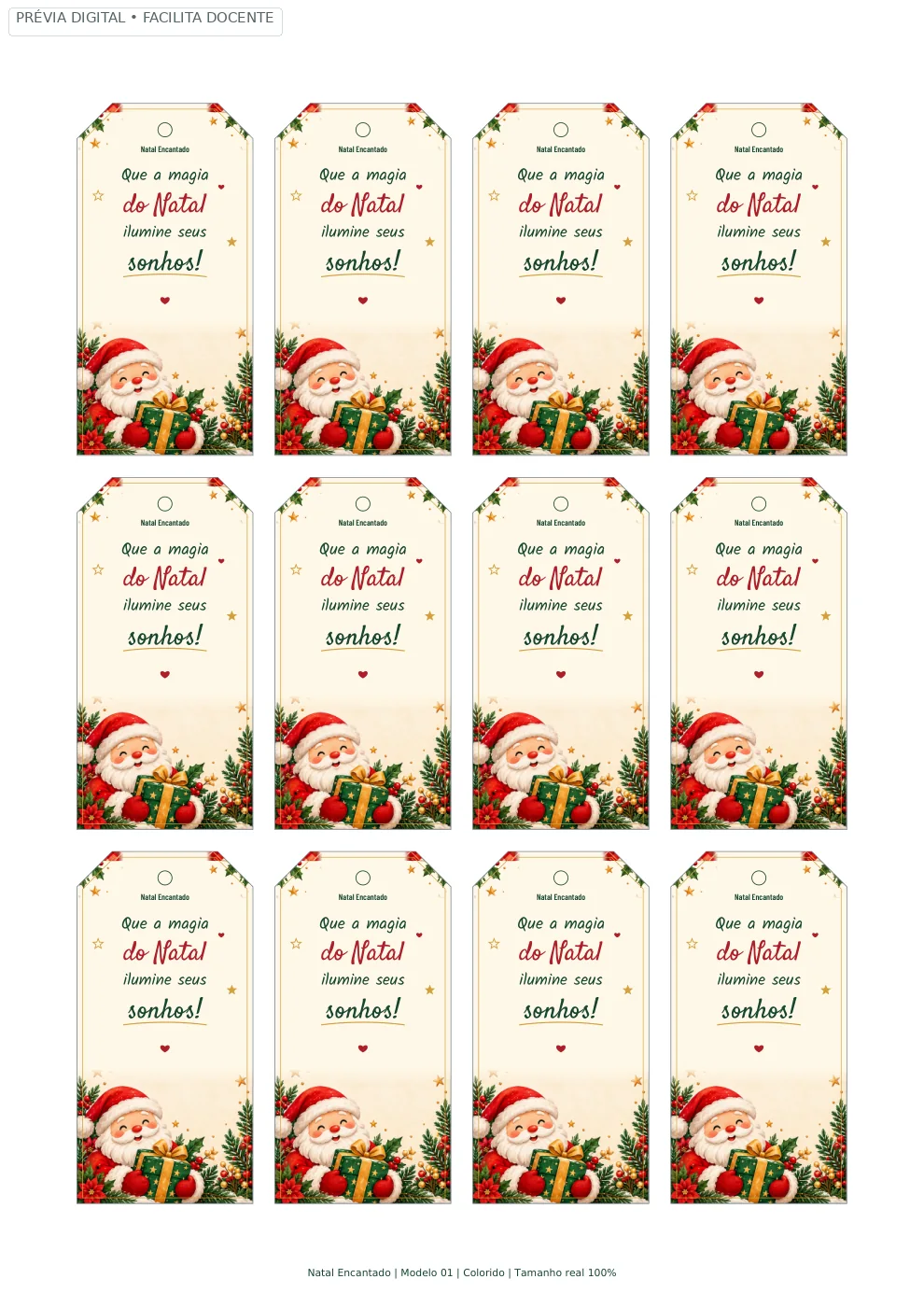 Prévia real da primeira folha A4 de tags chanfradas do kit Natal Encantado, versão colorida.